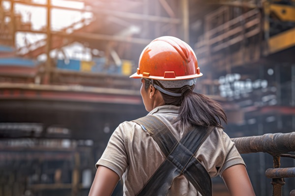 A young woman worker wearing a protective helmet and safety gear on a construction site.